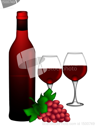 Image of Red Wine Bottle and Two Glasses and Bunch of Grapes