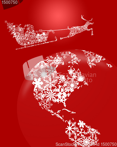 Image of Christmas Santa in Sleigh with Reindeer over Earth Red