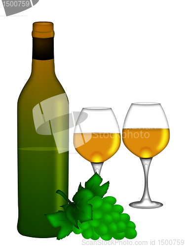 Image of White Wine Bottle and Two Glasses and Bunch of Grapes