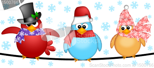 Image of Three Christmas Birds on a Wire Illustration