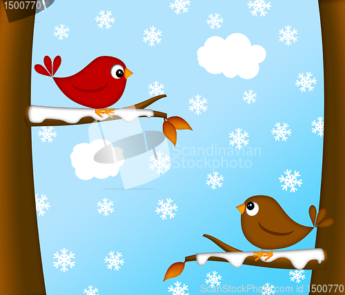 Image of Christmas Red Cardinal Bird Pair Winter Scene