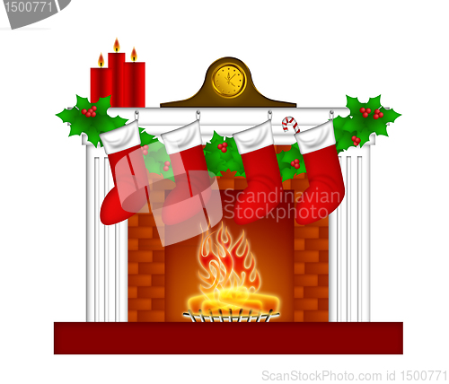 Image of Fireplace Christmas Decoration wth Stockings and Garland