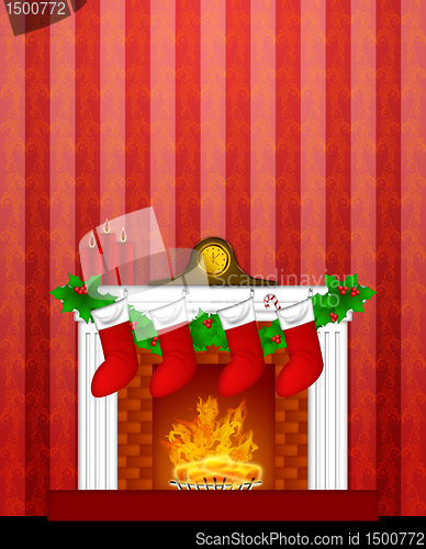 Image of Fireplace Christmas Decoration wth Stockings and Wallpaper