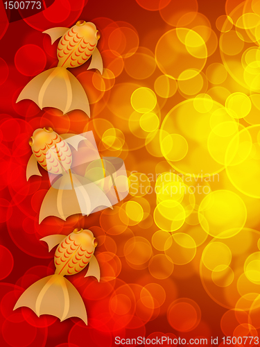 Image of Three Fancy Goldfish on Red Blurred Background