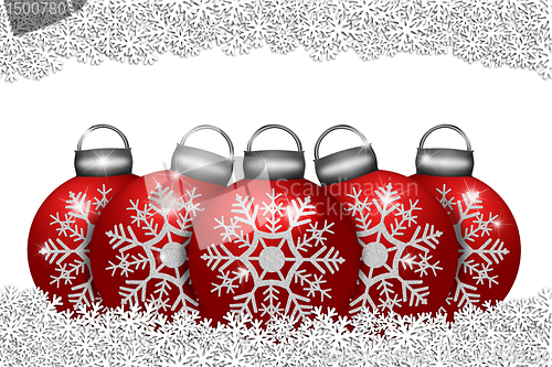 Image of Five Red Ornaments Sitting on Snowflakes