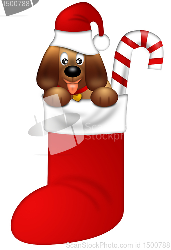 Image of Cute Puppy Dog with Red Santa Hat in Stocking