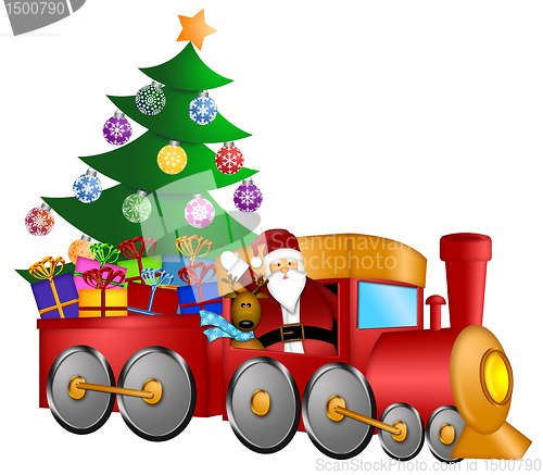 Image of Santa in Train with Gifts and Christmas Tree