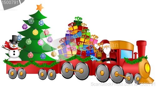 Image of Santa Reindeer Snowman in Train with Gifts and Christmas Tree