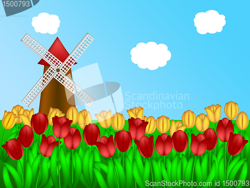 Image of Dutch Windmill in Tulips Field Farm Illustration