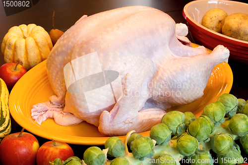 Image of Thanksgiving Turkey Dinner Cooking Ingredients on Wood Table