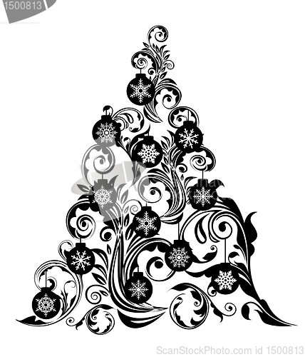 Image of Christmas Tree with Leaf Swirls Design and Ornaments