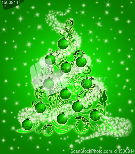 Image of Christmas Tree with Leaf Swirls Sparkles and Ornaments 