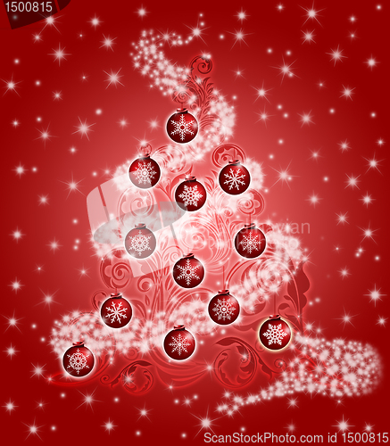 Image of Christmas Tree with Leaf Swirls Sparkles and Ornaments Red