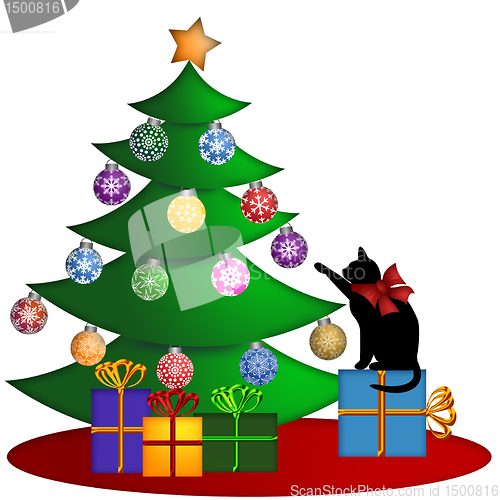 Image of Christmas Tree with Presents Ornaments and Cat