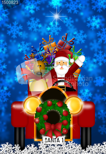 Image of Santa and Reindeer Riding in Vintage Red Car