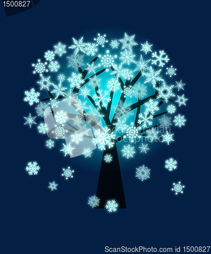 Image of Christmas Snowflakes Tree in Winter on Blue Background