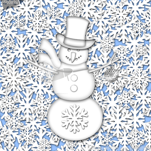 Image of Snowman Over White Snowflakes Background
