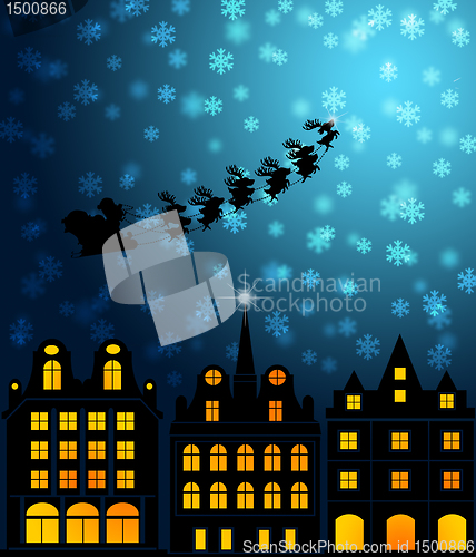 Image of Santa Sleigh Reindeer Flying Over Victorian Houses