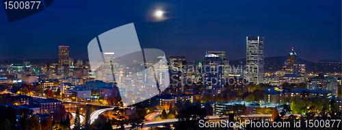 Image of Moon Over Portland Oregon City Skyline at Blue Hour