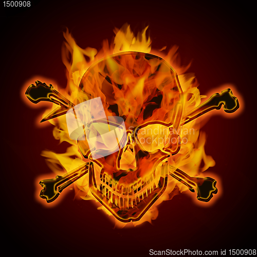 Image of Fire Burning Flaming Metallic Skull with Crossbones