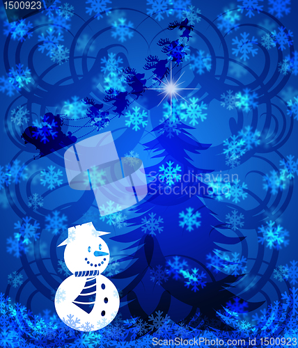 Image of Abstract Christmas Tree Snowman on Blue Background