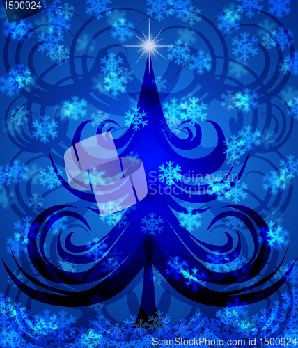 Image of Abstract Swirls Christmas Tree on Blue Background