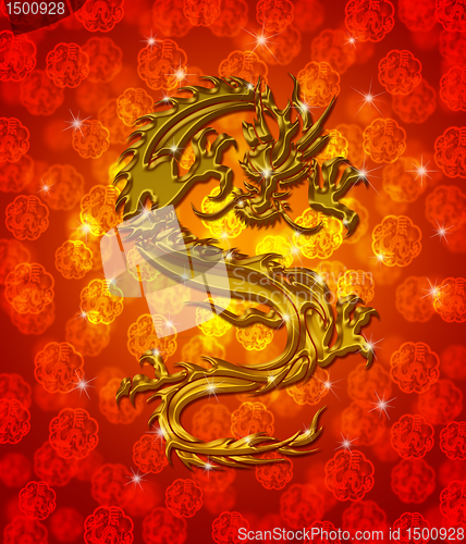 Image of Golden Metallic Chinese Dragon on Red Blurred Background