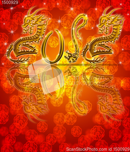 Image of Golden Metallic 2012 Chinese Dragon on Red Blurred Background