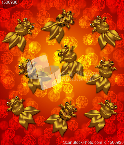 Image of Golden Metallic Chinese Goldfish on Red Blurred Background