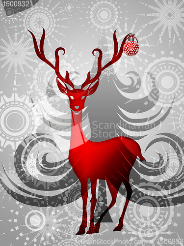 Image of Reindeer with Red Ornament on Silver Background