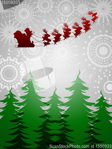 Image of Santa Sleigh Reindeer Over Trees on Silver Background