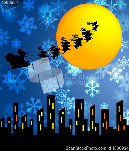 Image of Santa Sleigh and Reindeers Flying Over the City