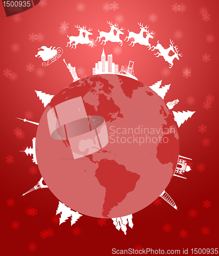Image of Santa Sleigh and Reindeer Flying Around the World Red