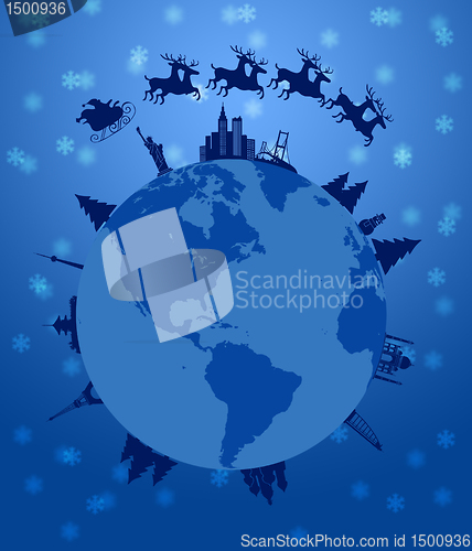 Image of Santa Sleigh and Reindeer Flying Around the World