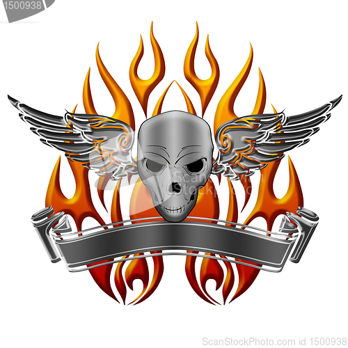 Image of Skull with Wings Flames and Banner