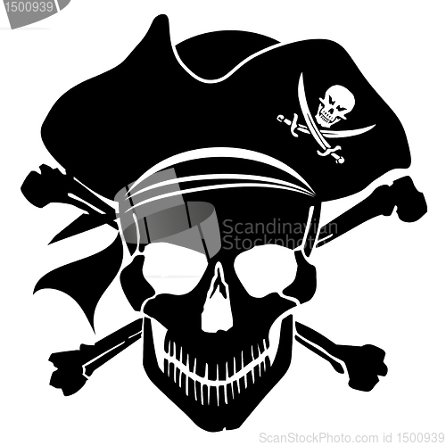 Image of Pirate Skull Captain with Hat and Cross Bones