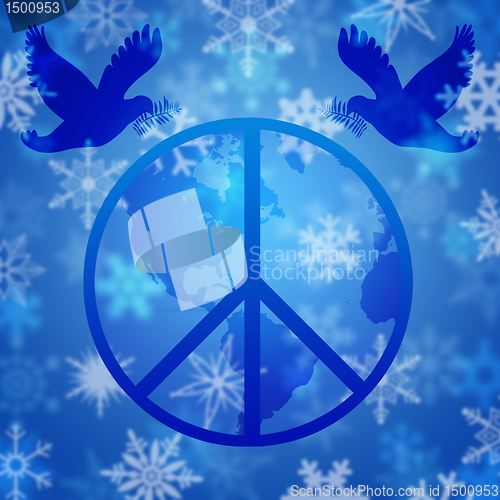Image of Peace Dove Over Earth Globe and Snowflakes