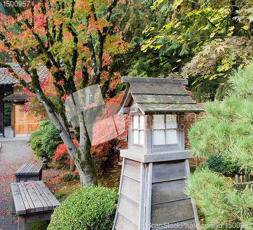 Image of Japanese Garden Park Benches in the Fall