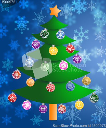 Image of Colorful Christmas Tree on Blurred Snowflakes Background 