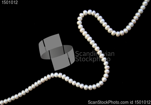 Image of White pearls on the black silk as background 