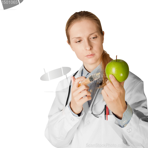 Image of scientist woman with apple