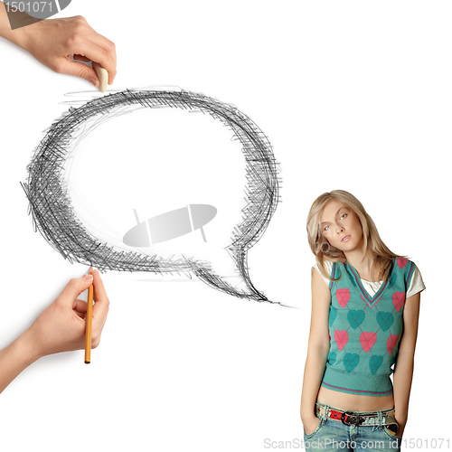 Image of human hands with speech bubble and woman