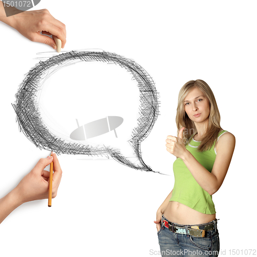 Image of human hands with speech bubble and woman