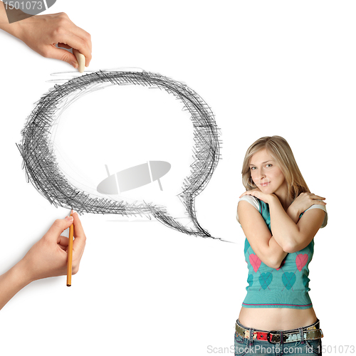 Image of human hands with speech bubble and woman