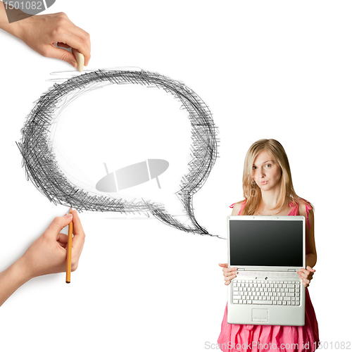 Image of human hands with speech bubble and woman