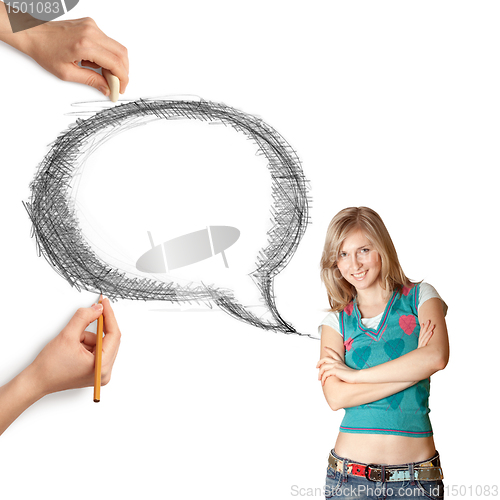 Image of human hands with speech bubble and woman
