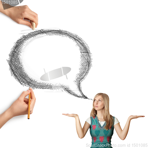 Image of human hands with speech bubble and woman