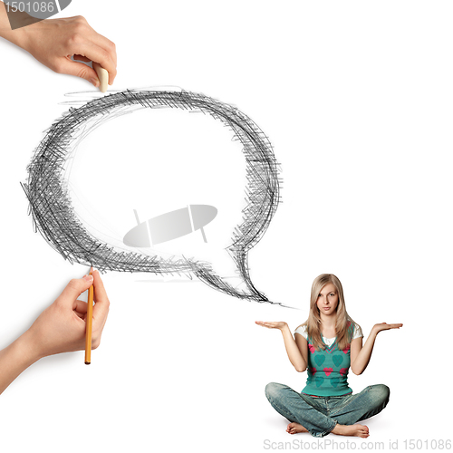 Image of human hands with speech bubble and woman