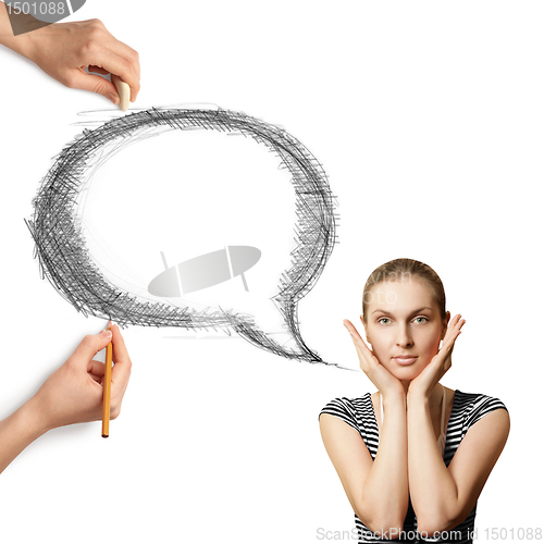Image of human hands with speech bubble and woman