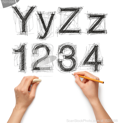 Image of sketch letters and numbers with hand and pencil